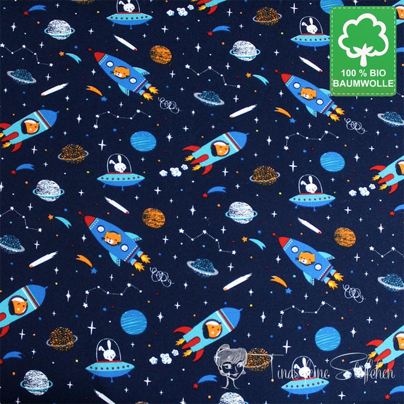 0,5 meter organic cotton jersey dark blue with spaceships and planets