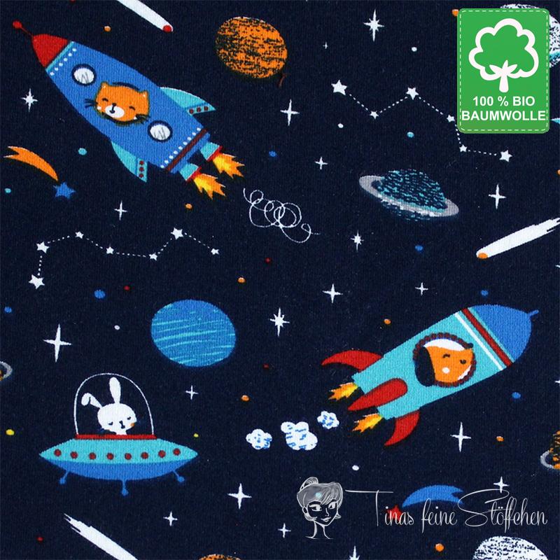 0,5 meter organic cotton jersey dark blue with spaceships and planets