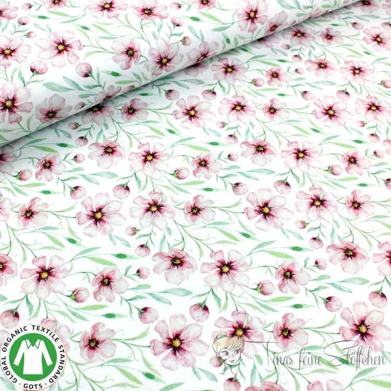 0,5 meter Cotton jersey GOTS digital print Spring flowers white