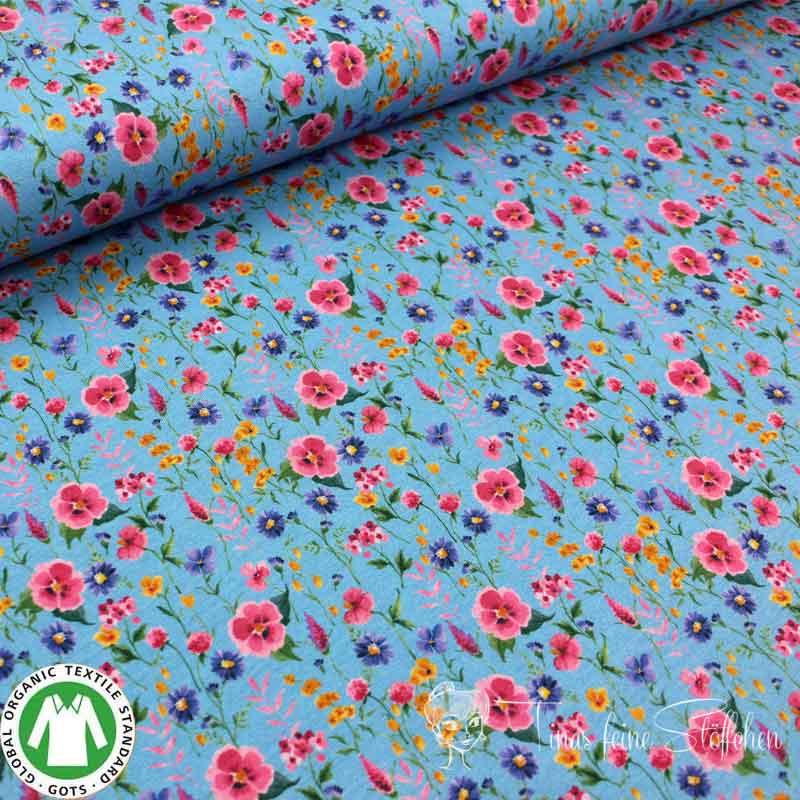 0,5 meter Cotton jersey GOTS digital print flower field sky blue