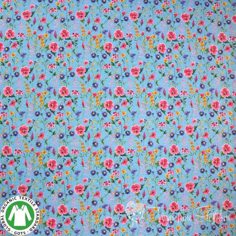 0,5 meter Cotton jersey GOTS digital print flower field sky blue