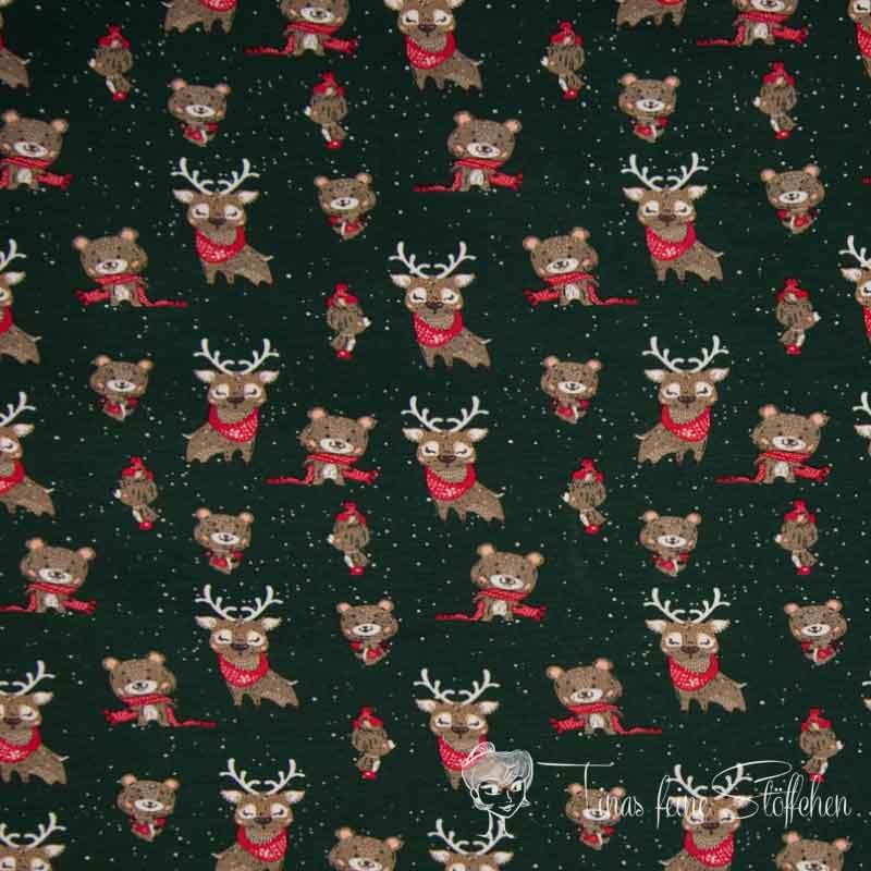 0.5 meter cotton jersey dark green with reindeer and bears