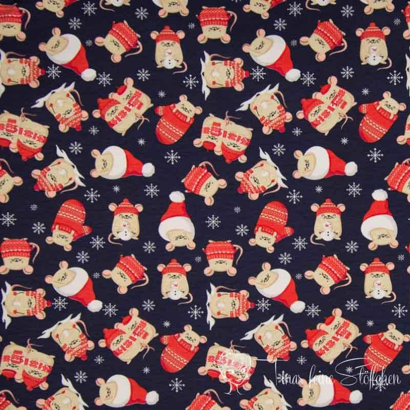 0.5 meter cotton jersey Navy with cute Christmas mice and red hats and gloves