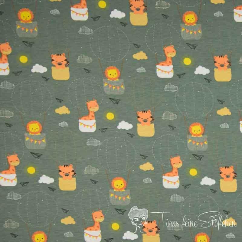 0.5 meter cotton jersey Dusty Green with cute animals in balloons