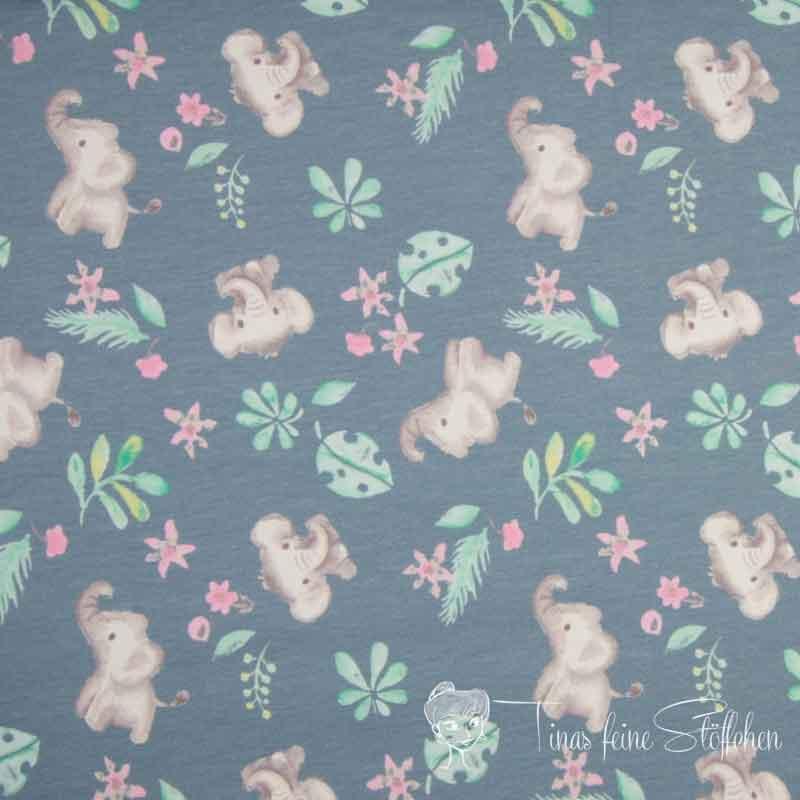 0.5 meter cotton jersey Dusty Green with elephants and leaves