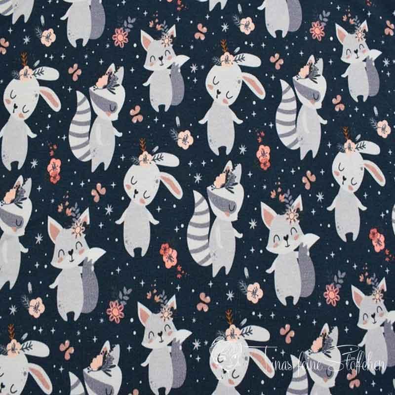 0.5 meter cotton jersey dark blue with cute bunnies and horns and flowers