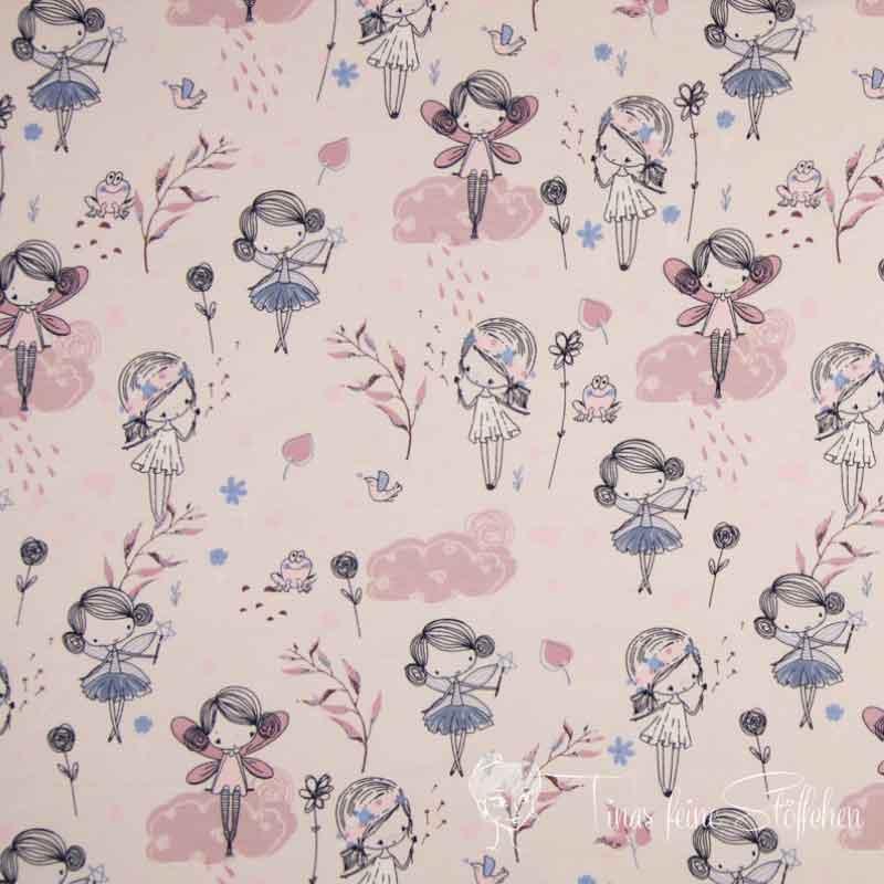 0.5 metre cotton jersey with dancing elves in lilac-grey