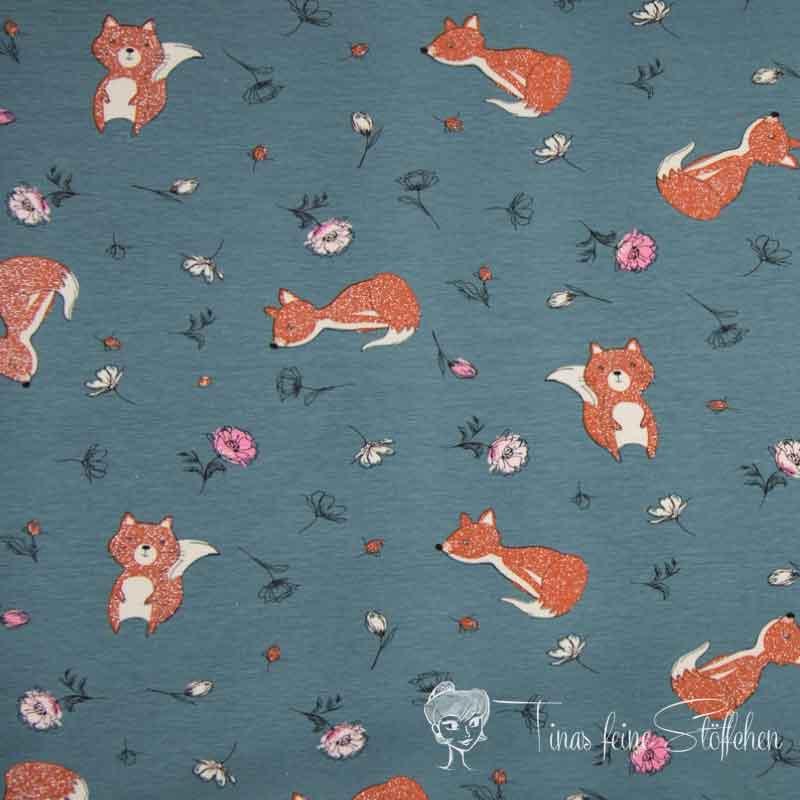 0.5 metre cotton jersey with glitter with squirrel in dusty blue