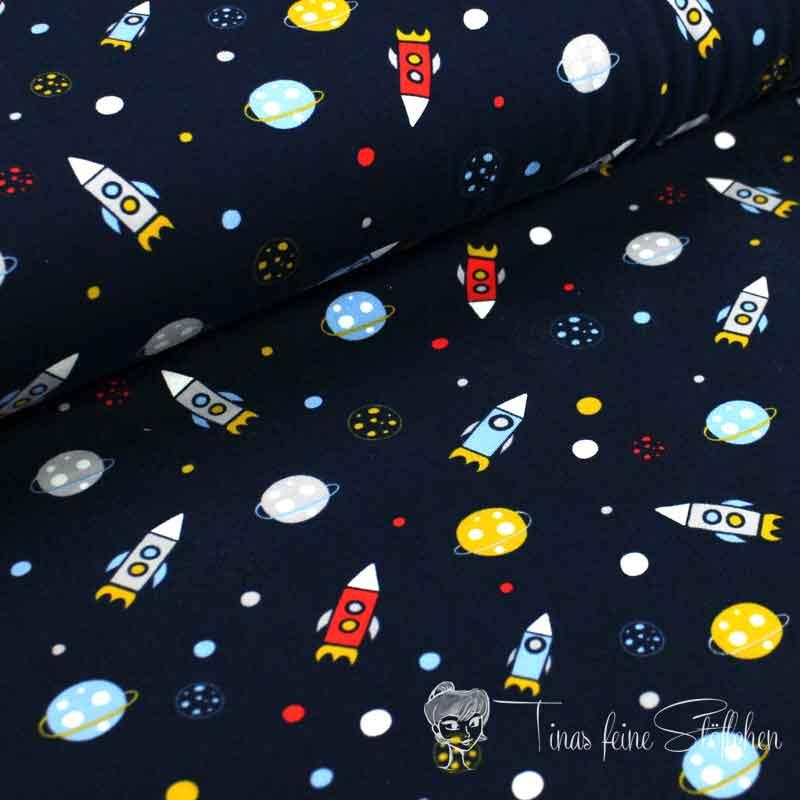 0.5 meter cotton jersey navy with rockets and planets