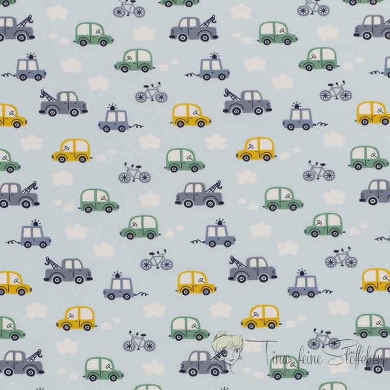 0.5 meter cotton jersey light blue with cars, tow trucks and bicycles