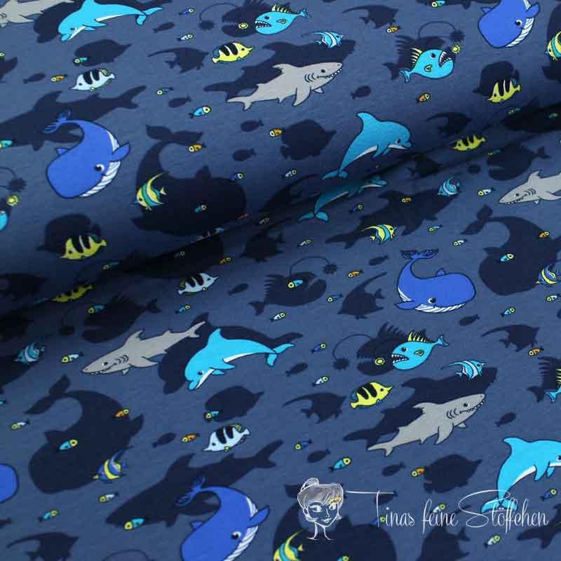 0.5 meter cotton jersey Navy with whales and fishes