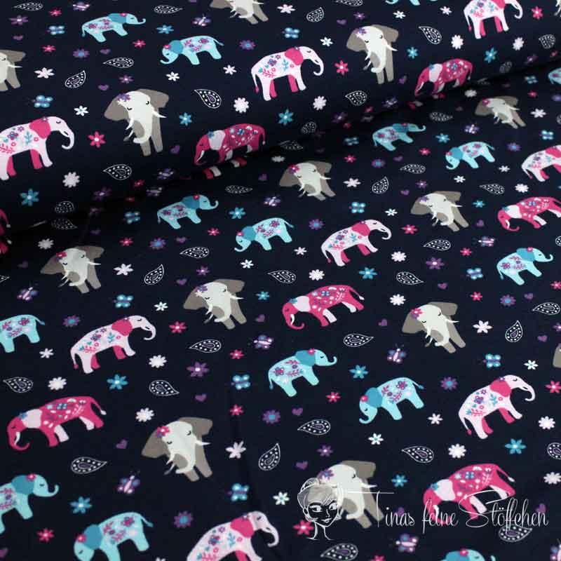 0.5 meter cotton jersey navy with elephants