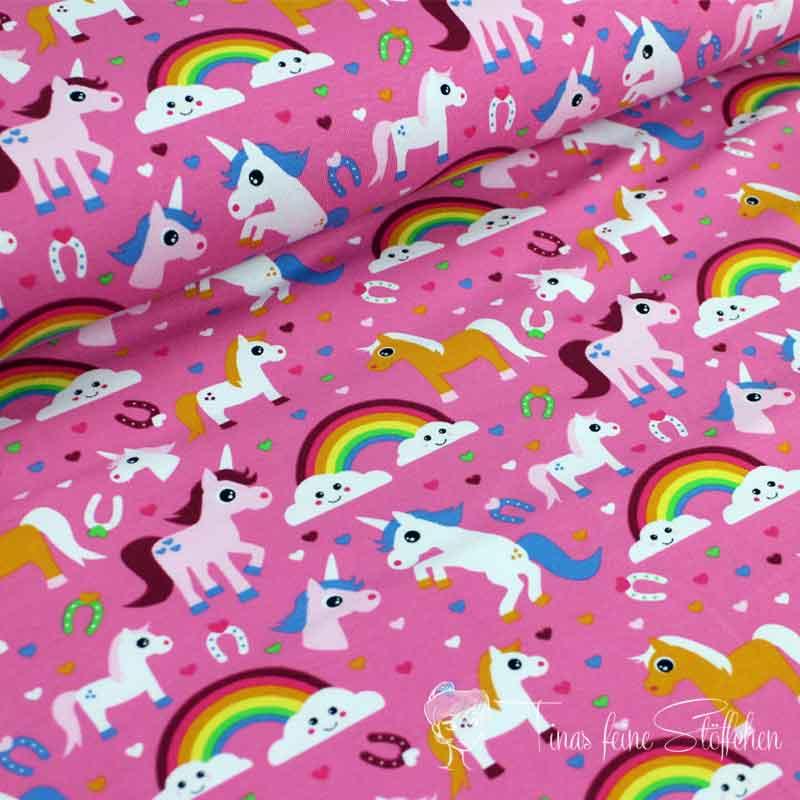 0.5 meter cotton jersey neon pink with unicorns, rainbows and colorful hearts