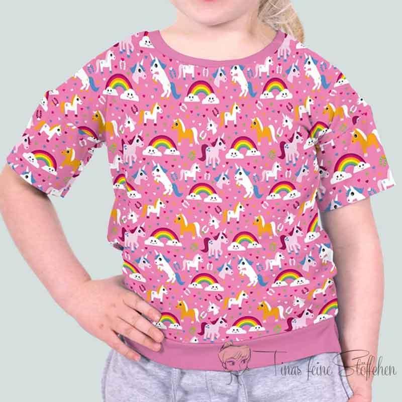 0.5 meter cotton jersey neon pink with unicorns, rainbows and colorful hearts