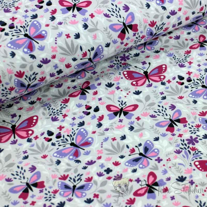 0.5 meter cotton jersey offwhite with butterflies and plants