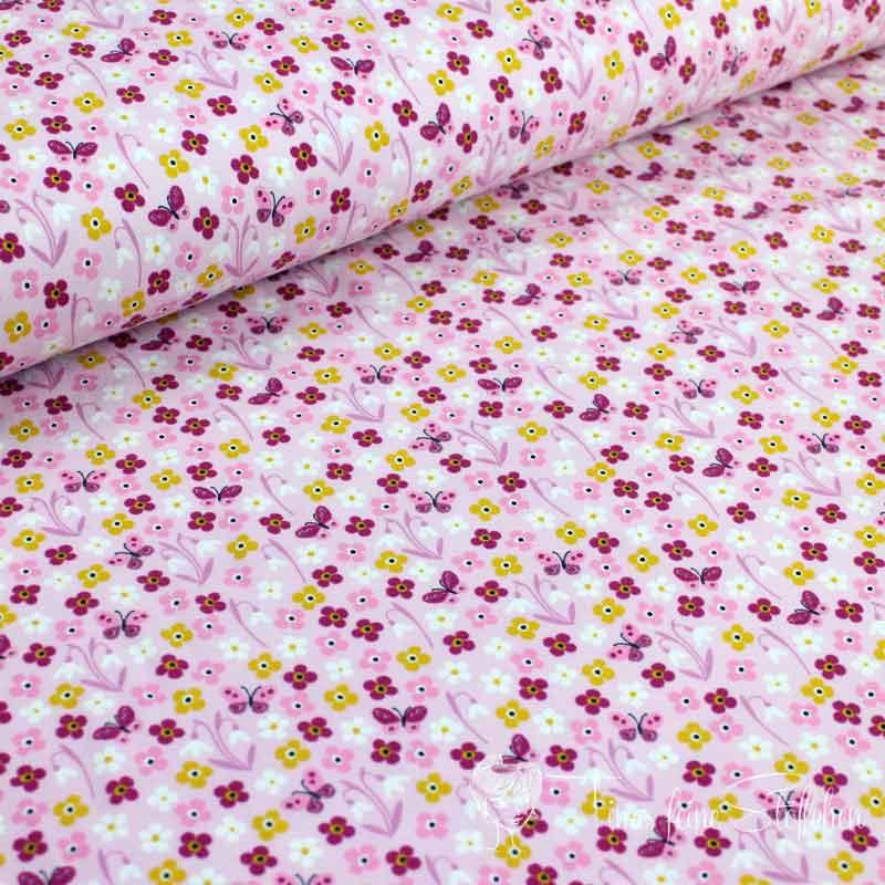 0.5 meter cotton jersey light pink with flowers and butterflies