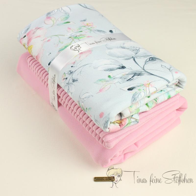 French Terry fabric package light blue with roses and pink combination fabric with coarse knitted cuffs