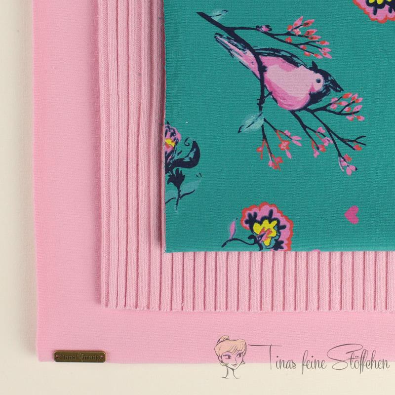 French Terry fabric package petrol with birds and flowers and pink combi fabric with coarse knitted cuffs