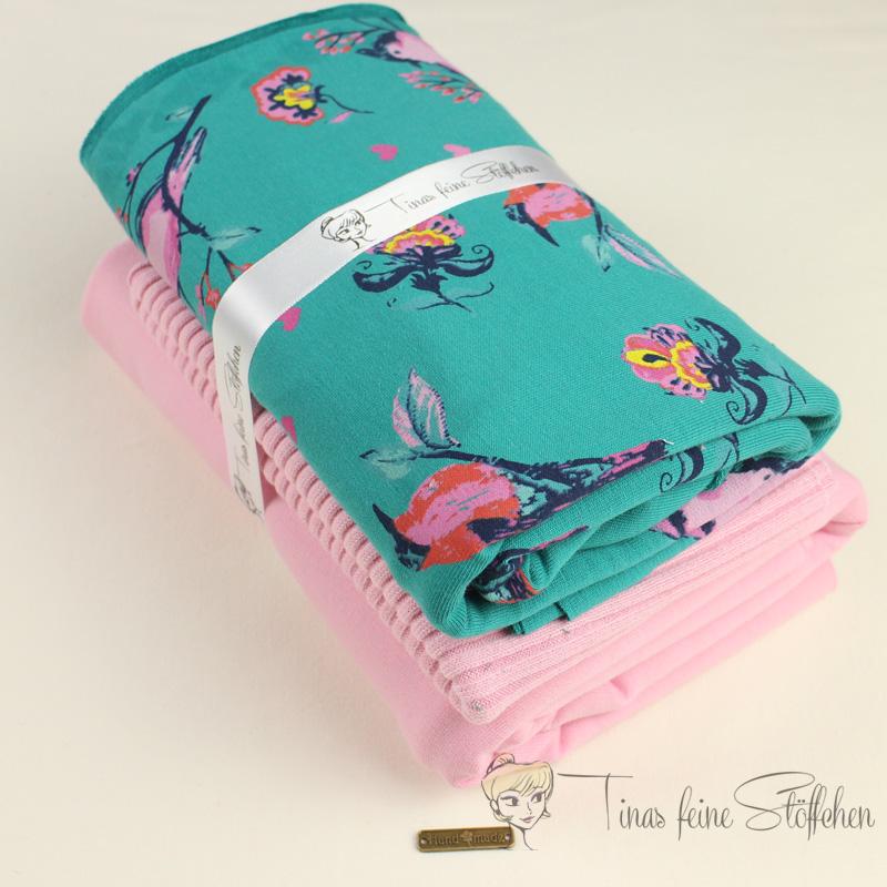 French Terry fabric package petrol with birds and flowers and pink combi fabric with coarse knitted cuffs