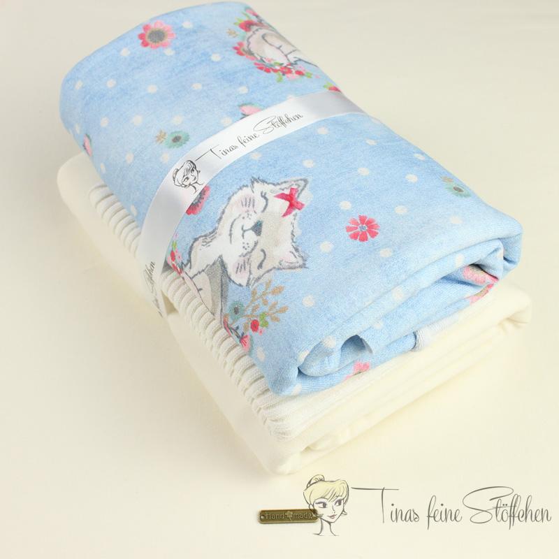 French Terry fabric package Jeans look blue with small kittens and offwhite combination fabric with coarse knit cuffs