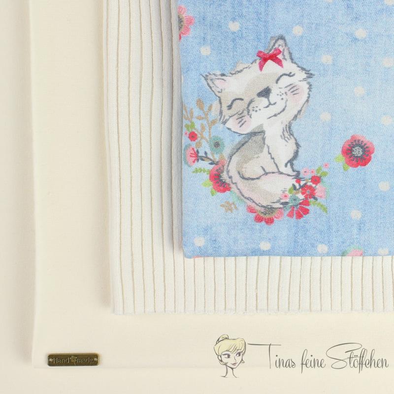 French Terry fabric package Jeans look blue with small kittens and offwhite combination fabric with coarse knit cuffs