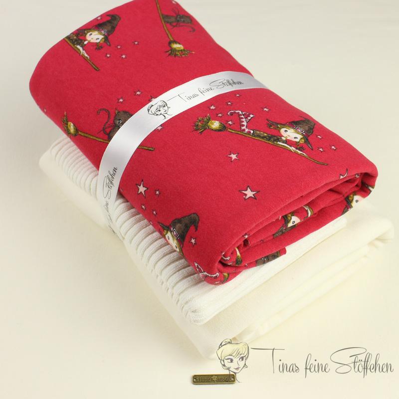 French Terry fabric package red with funny witches and offwhite combination fabric with coarse knitted cuffs